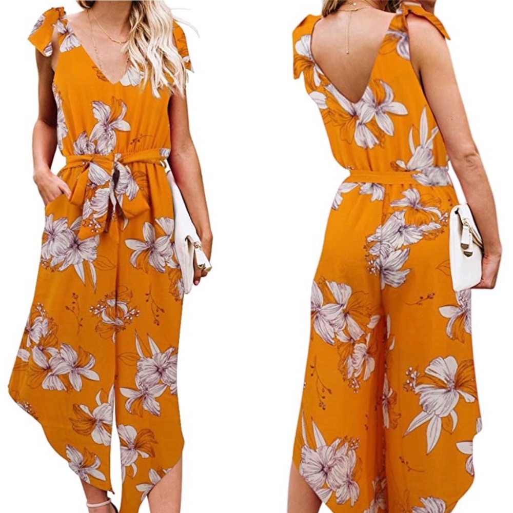 Sleeveless Sexy V-Neck yellow white belt Jumpsuit